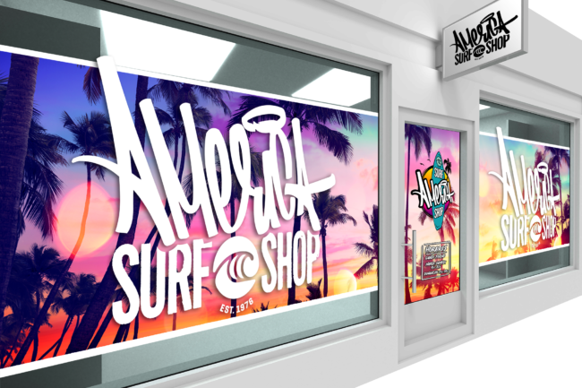 Vitrine et porte de magasin décorée avec adhésif imprimé et découpé