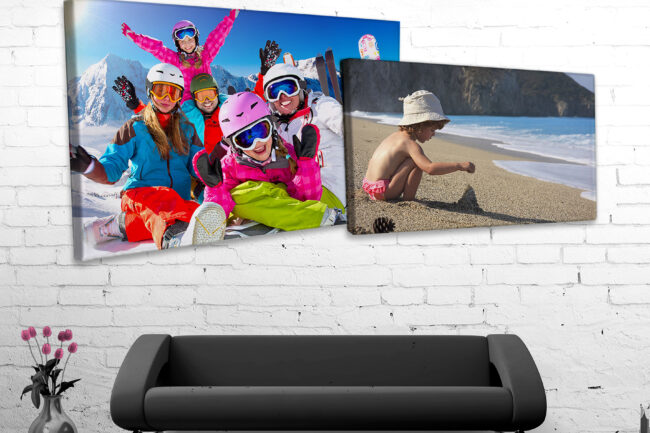 Décoration mur avec photo sur toile d'un enfant et une photo sur toile d'un groupe de personne au ski
