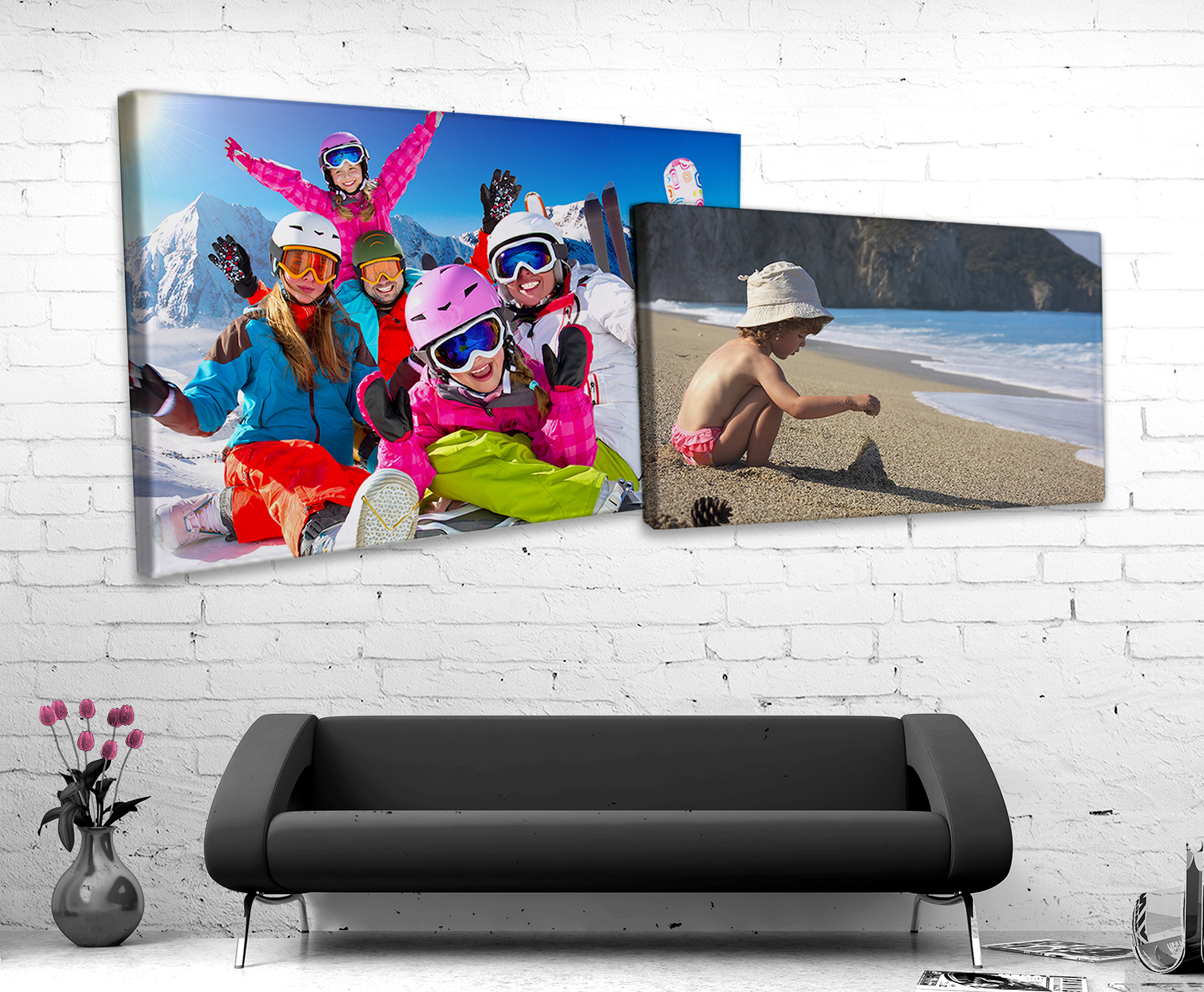 Décoration mur avec photo sur toile d'un enfant et une photo sur toile d'un groupe de personne au ski